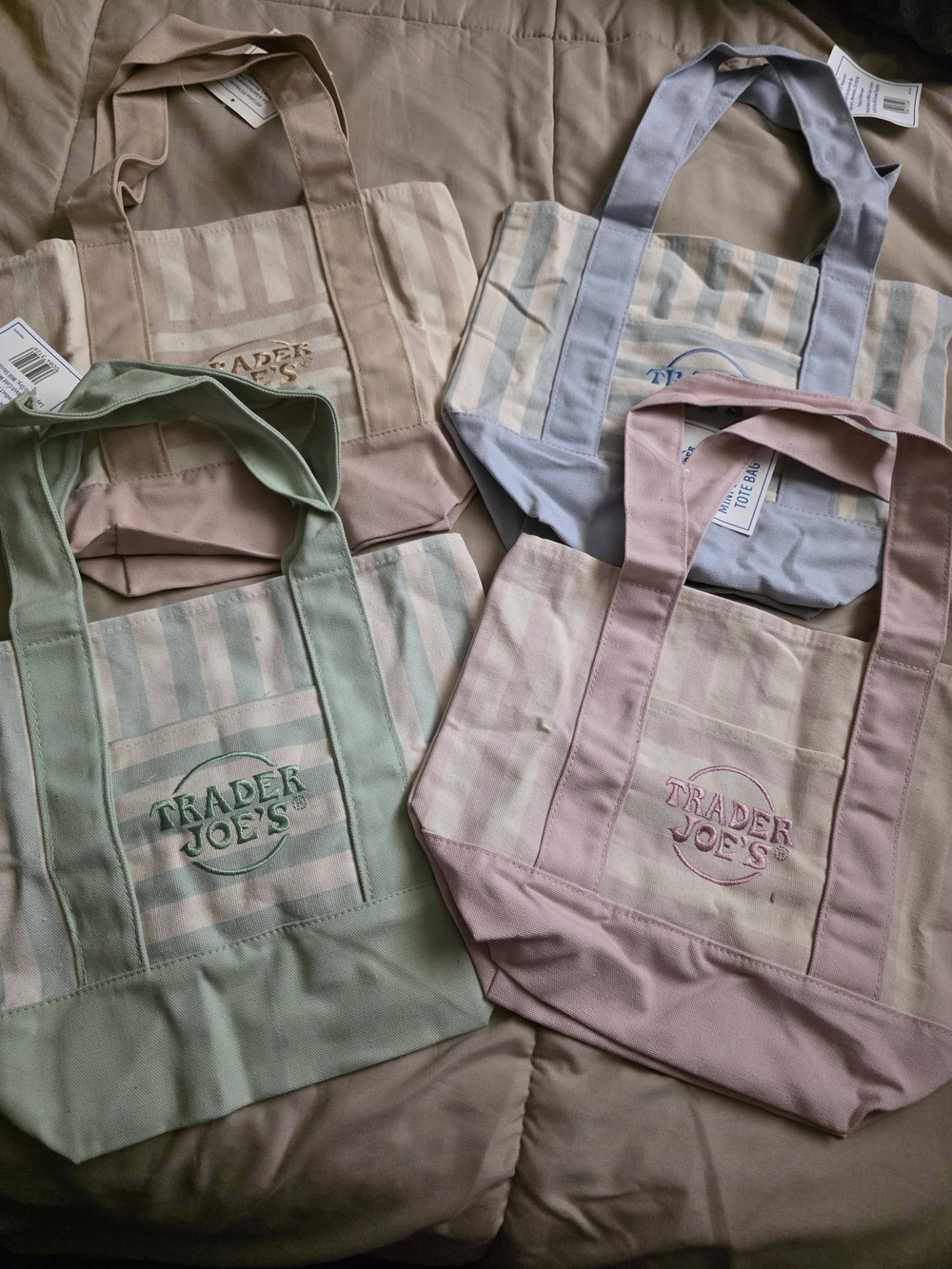 Trader Joe's Pastel Stripe Canvas Tote Bag - Pink, Green, Blue, Beige Lot